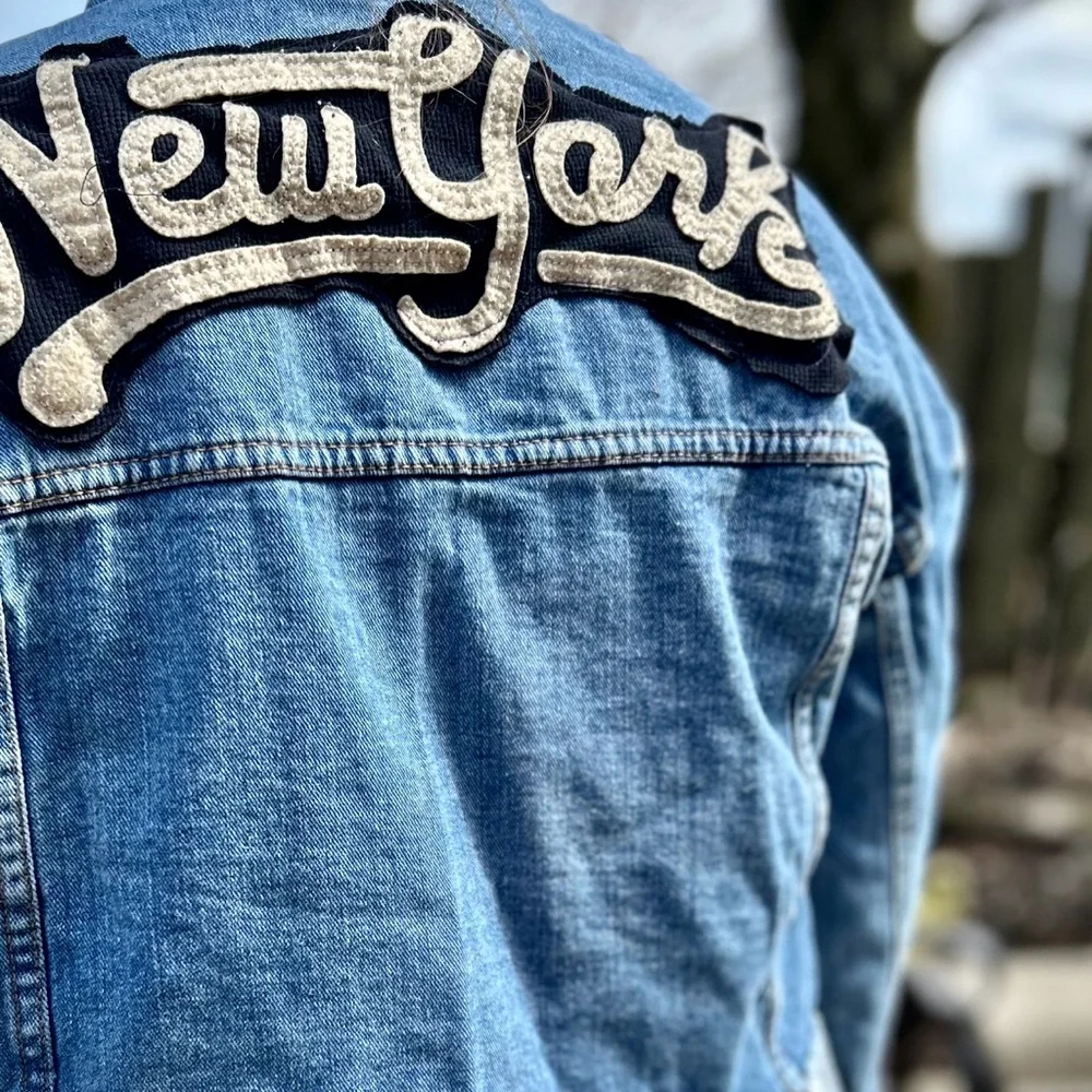New York Yankees adorned jean jacket w/ vintage flair and attached Puma zip up. - Picture 2 of 16